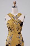 Ginger Yellow Sheath Keyhole Floral Midi Cocktail Dress
