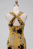 Ginger Yellow Sheath Keyhole Floral Midi Cocktail Dress