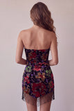 Black Bodycon Strapless Floral Print Mini Cocktail Dress with Fringes