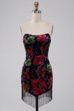 Black Bodycon Strapless Floral Print Mini Cocktail Dress with Fringes
