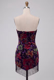 Black Bodycon Strapless Floral Print Mini Cocktail Dress with Fringes