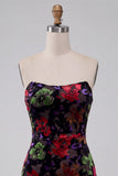 Black Bodycon Strapless Floral Print Mini Cocktail Dress with Fringes