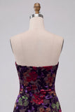 Black Bodycon Strapless Floral Print Mini Cocktail Dress with Fringes