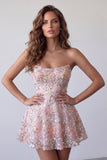 Blush Strapless A-Line Sequins Floral Embroidery Short Cocktail Dress