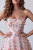 Blush Strapless A-Line Sequins Floral Embroidery Short Cocktail Dress