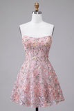 Blush Strapless A-Line Sequins Floral Embroidery Short Cocktail Dress