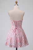 Blush Strapless A-Line Sequins Floral Embroidery Short Cocktail Dress