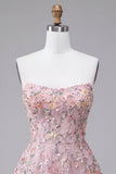 Blush Strapless A-Line Sequins Floral Embroidery Short Cocktail Dress