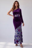 Plum Velvet One Shoulder Sheath Long Evening Dress with Flower