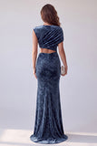 Navy Printed Sheath Asymmetrical Neck Ruched Long Formal Dress