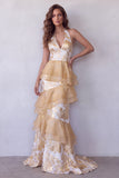 Halter Champagne A-Line Tiered Long Formal Dress with Ruffles