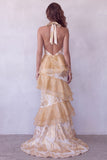 Halter Champagne A-Line Tiered Long Formal Dress with Ruffles