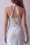 Halter Grey Satin Floral Sheath Long Formal Dress