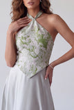 Grey Floral Satin A-Line Halter Long Formal Dress