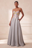 Grey Corset Strapless Satin Floral Ruched Sequins Long Formal Dress with Pockets