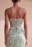 Sage Green Corset Mermaid Strapless Feathered Sequins Long Formal Dress with Bow