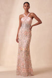 Halter Blush Sheath Sequins Rhinestone Floral Long Formal Dress with Embroidery
