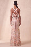 Halter Blush Sheath Sequins Rhinestone Floral Long Formal Dress with Embroidery