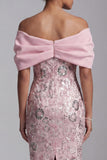 Light Pink Sheath Off the Shoulder Pearls Midi Mother of the Bride Dress