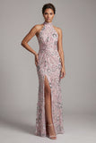 Light Pink Sheath Halter Sequins Long Mother of the Bride Dress with Side Slit