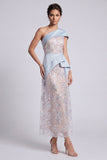 Light Blue Sheath One Shoulder Sequins Maxi Mother of the Bride Dress with Draping