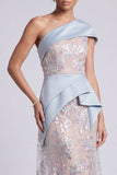 Light Blue Sheath One Shoulder Sequins Maxi Mother of the Bride Dress with Draping