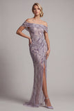 Lilac Sheath Off the Shoulder Sequins Side Slit Maxi Mother of the Bride Dress