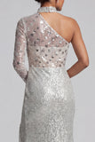 Grey Sheath One Shoulder Sequins Maxi Mother of the Bride Dress with Side Slit
