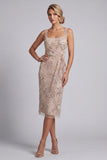 Champagne Sheath Square Neck Ruched Sequins Mother of the Bride Dress with Embroidery