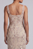 Champagne Sheath Square Neck Ruched Sequins Mother of the Bride Dress with Embroidery