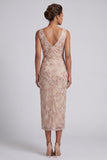 Champagne Sheath Cowl Neck Ruched Midi Mother of the Bride Dress with Side Slit