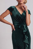 Dark Green Cap Sleeves Beaded Asymmetrical Mermaid Mother of the Bride Dress with Ruffle Slit