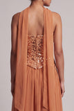 Bronzer Sequins Chiffon Strapless Beaded Ankle Length Mother of the Bride Dress with Draping