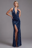 Dark Navy Velvet Halter Neck Ruched Sheath Jacquard Long Mother of the Bride Dress with Side Slit