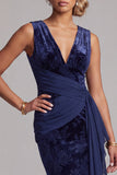 Dark Navy Velvet Mermaid V-Neck Jacquard Long Mother of the Bride Dress with Draped Sash