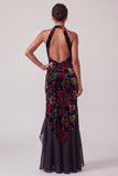 Black Velvet Halter Neck Ruched Sheath Long Mother of the Bride Dress with Ruffle Slit