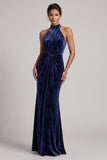Dark Navy Velvet Ruched High Neck Mermaid Long Mother of the Bride Dress