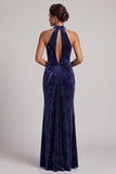 Dark Navy Velvet Ruched High Neck Mermaid Long Mother of the Bride Dress