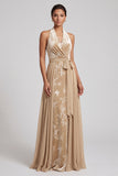 Champagne Velvet Halter Neck Jacquard Ruched Long Mother of the Bride Dress with Sash