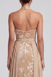 Champagne Velvet Halter Neck Jacquard Ruched Long Mother of the Bride Dress with Sash