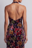 Black Velvet Floral Halter Neck High Low Asymmetrical A-Line Mother of the Bride Dress with Side Slit Ruffles