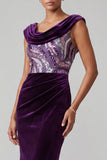 Plum Velvet Cowl Neck Sequins Ruched Sheath Mother of the Bride Dress