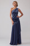 Navy Velvet One Shoulder Asymmetrical Chiffon Mermaid Ruched Mother of the Bride Dress