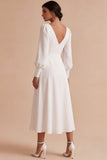 White Ruched A-Line Midi Engagement Dress with Long Sleeves