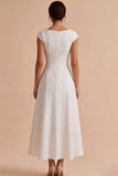 White A-Line Bateau Jacquard Long Engagement Dress with Cap Sleeves