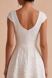 White A-Line Bateau Jacquard Long Engagement Dress with Cap Sleeves