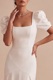 White Square Neck A-Line Long Engagement Dress with Puff Sleeves