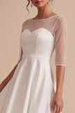 White Illusion Neck High-Low Asymmetrical Hem A-Line Engagement Dress with 3/4 Sleeves