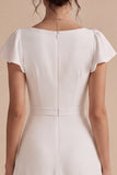 White A-Line Flutter Sleeves Midi Engagement Dress