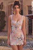 Pink Corset Bodycon Square Neck Mini Homecoming Dress with Appliques